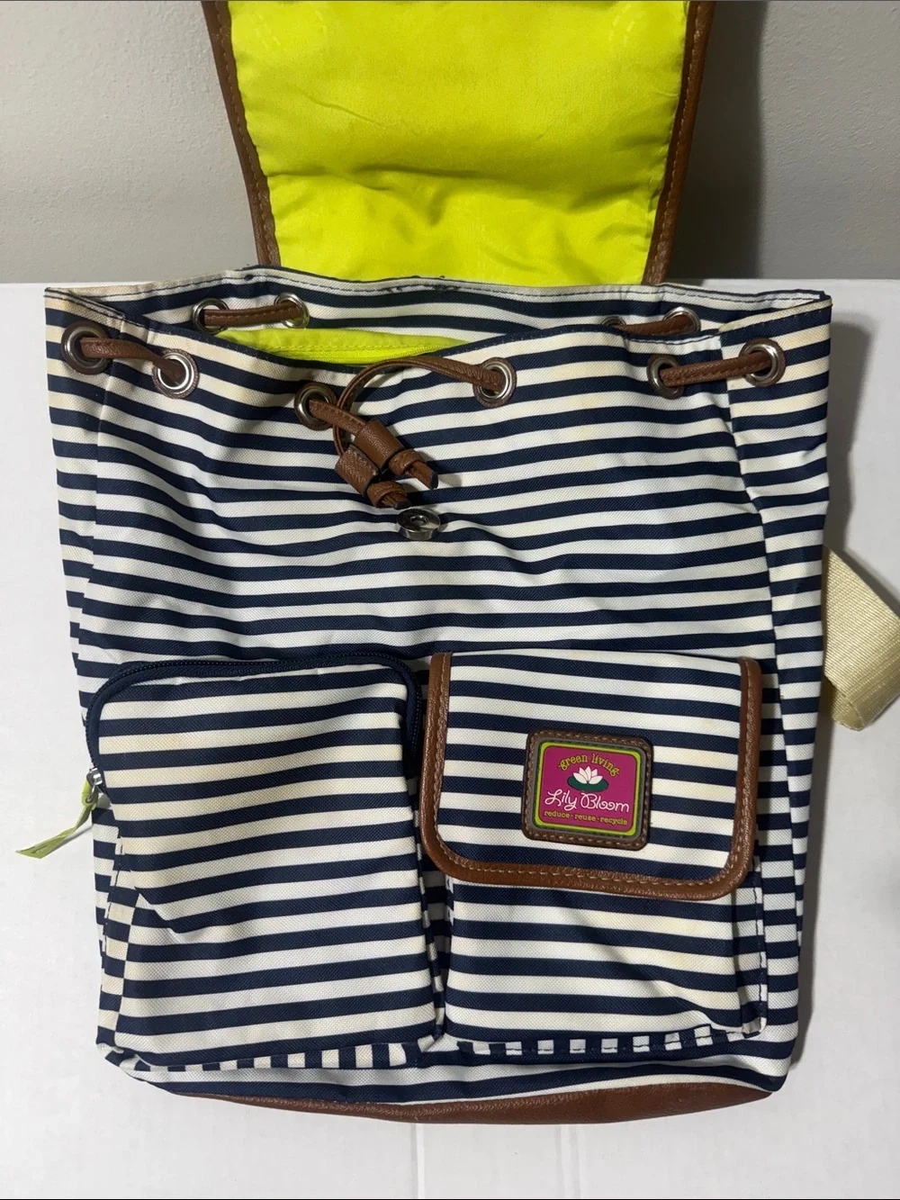 Lily Bloom Navy & White Striped Backpack with Brown Trim